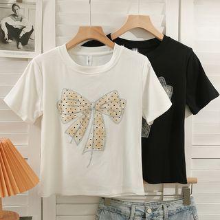 Rhinestone Ribbon-print Slim T-shirt