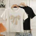 Rhinestone Ribbon-print Slim T-shirt
