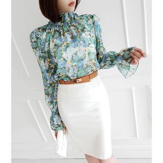 High-neck Smocked-trim Floral Blouse