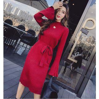 Eyelet Detail Long Sleeve Midi Knit Dress