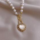 Heart Lock Rhinestone Pendant Faux Pearl Necklace White & Gold - One Size
