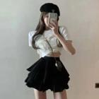 Faux Pearl Heart Cropped T-shirt / Layered Mini A-line Skirt / Set