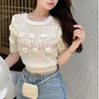 Short-sleeve Floral Pointelle Knit Top White - One Size