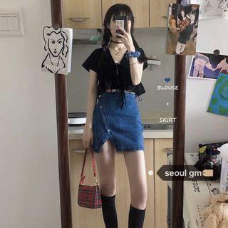 Short-sleeve V-neck Top / Denim Skirt / Set
