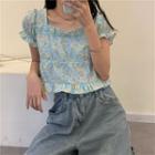 Puff-sleeve Floral Print Crop Top As Shown In Figure - One Size