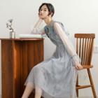 Lace Trim Mesh Long-sleeve Midi A-line Dress