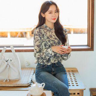 Tie-back Shirred-trim Floral Blouse
