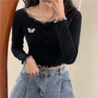 Butterfly Embroidered Long-sleeve Crop Top