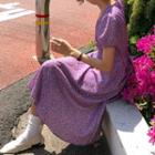Floral Short-sleeve Midi A-line Dress Purple - One Size