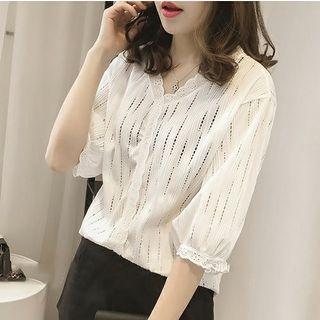 Lace Trim Elbow-sleeve V-neck Blouse