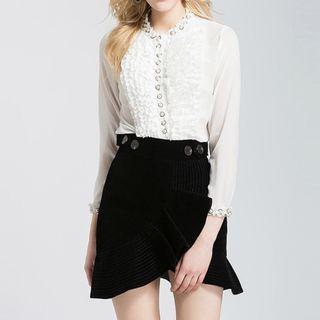 Embellished Sheer Long-sleeve Chiffon Blouse