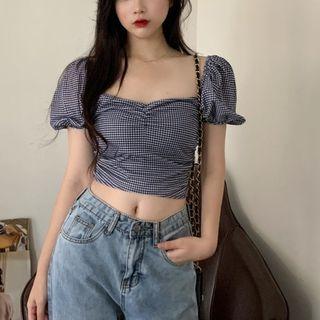Puff-sleeve Plaid Cropped Blouse Blue & White - One Size
