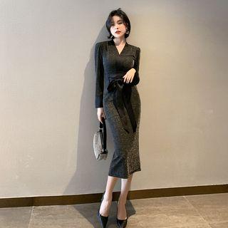 Glitter Bow Accent Long-sleeve Midi Sheath Dress
