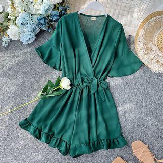 Ruffle-hem V-neck Chiffon Playsuit With Sash