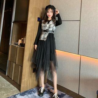 Set: Long-sleeve Dress + Tweed Panel Midi Mesh Dress