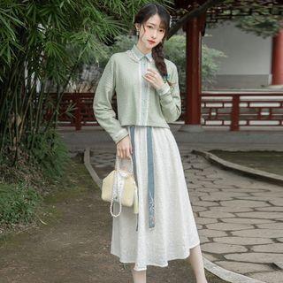 Collared Lace Trim Knit Top / Midi A-line Skirt