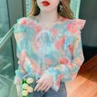 Long-sleeve Lace Bow Floral Print Chiffon Blouse