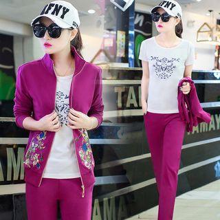 Set: Printed Short Sleeve T-shirt + Floral Print Zip Jacket + Sweatpants