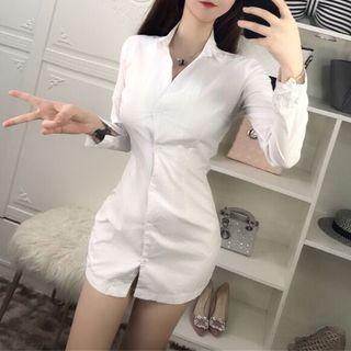 Long Sleeve V Neck Plain Shirt Dress