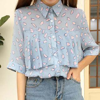 Short-sleeve Print Ruffle Hem Blouse