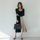 Set: Sweetheart-neck Shirred Top + Long Pleated Skirt Black - One Size