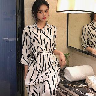 3/4-sleeve Chiffon Midi Shirt Dress As Shown In Figure - One Size
