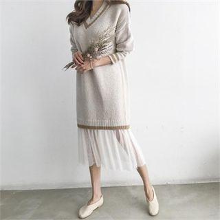 Tulle-hem Wool Blend Knit Dress