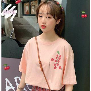 Cherry Print Elbow-sleeve T-shirt