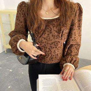 Puff-sleeve Floral Contrast Trim Top