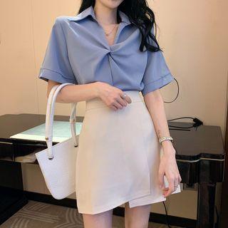 Split-neck Short-sleeve Blouse / High-waist Mini A-line Skirt