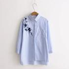 Flower Embroidered Striped Shirt Blue - One Size