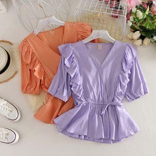 V Collar Lace Up Short-sleeved Shirt