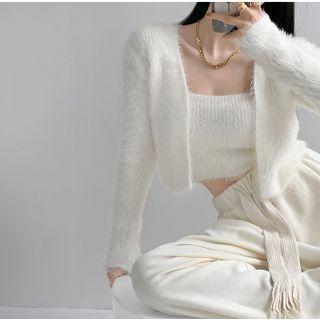 Set: Furry-knit Camisole Top + Open-front Loose Cardigan