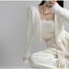Set: Furry-knit Camisole Top + Open-front Loose Cardigan
