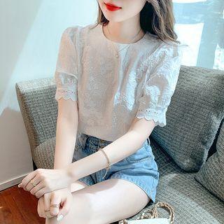 Short-sleeve Floral Embroidered Chiffon Blouse