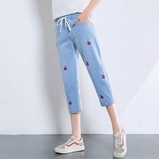 Cherry Embroidery Cropped Jeans