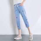 Cherry Embroidery Cropped Jeans