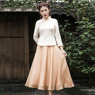 Set: Contrast-trim Asymmetric Top + Chiffon Midi Dress