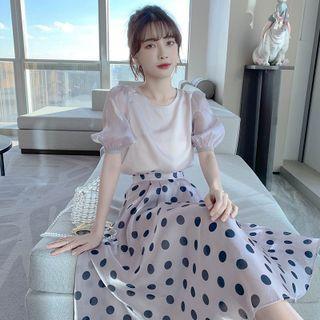 Set: Short-sleeve Blouse + Dot Print Midi Skirt