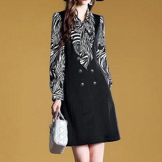 Long-sleeve Zebra Print Panel A-line Dress