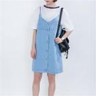 Button-up Denim Sleeveless Dress Light Blue - One Size