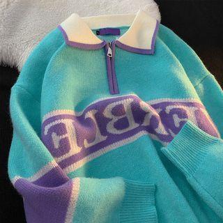 Lettering Collared Half-zip Sweater