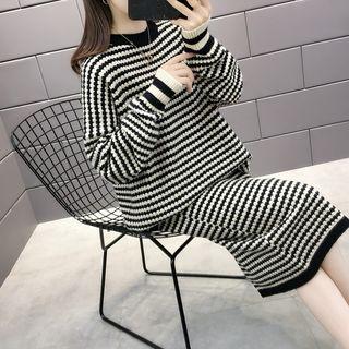 Set: Knit Striped Long-sleeve Top + Midi Straight-fit Skirt