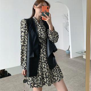 Long Sleeve Floral Print A-line Dress / Vest