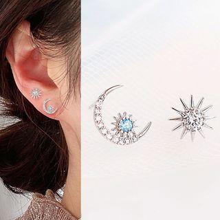 Rhinestone Crescent & Star Non-matching Stud Earring Stud Earring - 1 Pair - Crescent & Star - Silver - One Size