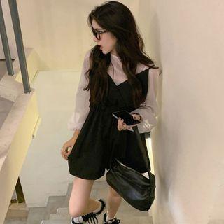 Set: Wide-leg Jumper Shorts + Long-sleeve Blouse Set - Black & White - One Size
