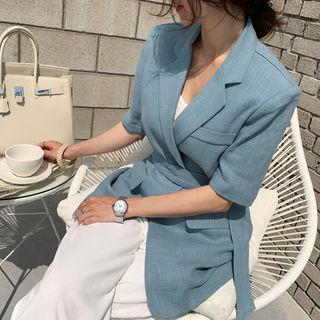 Short-sleeve Belted Linen Blazer