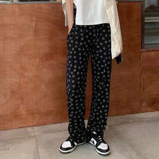 Smiley Face Print Wide Leg Pants Black - One Size