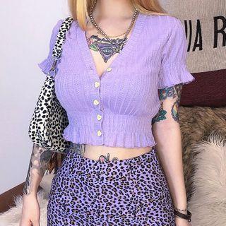 V-neck Puff-sleeve Knit Crop Top