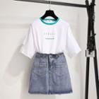 Set Short-sleeve Lettering T-shirt + Denim Mini Skirt